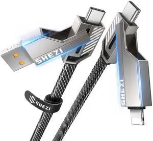 Vexipia 4-in-1 USB C Cable 45W 5FT Compatible with Lightning Cable [Fast Charging & Data Transfer] Flat Nylon Braided for iPhone iPad Charger Cord, Multi Charge Wire Combo with L/Type C/USB A Port