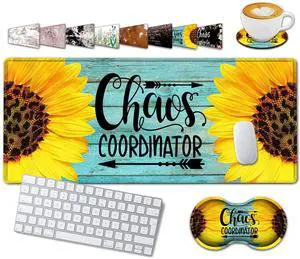 Large Gaming Mouse Pad, 31.5x11.8in Extended Computer Mouse Mat with Non-Slip PU Base,Ergonomic Memory Foam Keyboard Wrist Rest,for Work Gaming,Sunflower Chaos Coordinator Blue Office Desk Pad