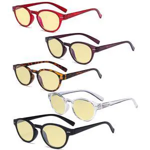 Eyekepper 5 Pack Retro Key Hole Oval Round Spring-Hinges Computer Reading Glasses Yellow Tinted +2.00