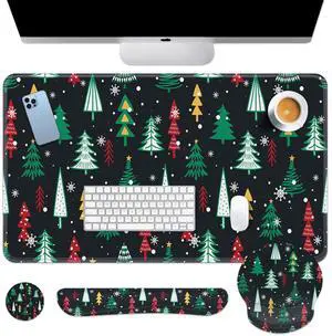 Britimes Merry Christmas Red Tree Keyboard Mouse Pad Set Green Pine Black 4in1 Large Mousepad+Keyboard Wrist Rest+Mouse Wrist Rest+Coaster Ergonomic Design for Home Office Computer 35.4 * 15.7 inches