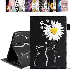 POIUYTREW Case for Amazon Kindle Fire HD 10 & 10 Plus Tablet 10.1" (13th/11th Generation, 2023/2021 Release) - PU Leather Folio Case with Smart Auto Wake/Sleep, Cat and Daisy Flower