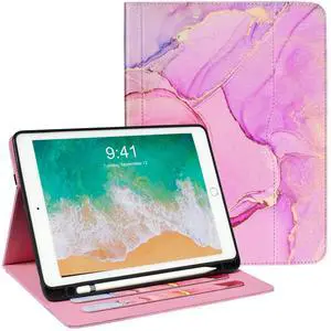Zonefoker for iPad 6th 5th Generation Cases 2018/2017, iPad Air 2 Case 2014, iPad Air 2013, iPad Pro 9.7 inch Case 2016 with Pencil Holder, Leather Folio Cover for Kids, Women, Men, Marble Pink