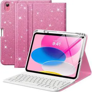 MoKo for iPad (A16) 11th Generation Case with Keyboard 11 inch 2025, iPad 10th Generation 10.9 inch Case with Pencil Holder, Multi-Angle Detachable Bluetooth Keyboard, Shiny Pink