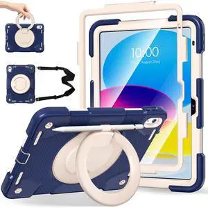 Andnary Case for iPad (A16) 11th/10th Generation 11/10.9 Inch 2025/2022 with Screen Protector/360° Rotate Stand/Shoulder Strap/Pencil Holder, Shockproof iPad 11th/10th Gen Cover (Navy+White)