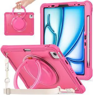 BATYUE Case for iPad Air 11-inch M3/M2 (2025/2024), Air 5th/4th 10.9 inch(2022/2020), Pro 11" 4th/3rd/2nd/1st, Protective Cover with 360° Rotating Stand, Pencil Holder, Carrying Strap, Rose