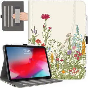 iPad Air 13 inch Case (M3/M2) 2025/2024, iPad Pro 12.9 inch 6th/5th/4th/3rd Generation Folie Case with Pencil Holder Multi-Angle Adjustable Stand Shockproof Pocket/Hand Strap/Auto Wake Sleep, Flowers