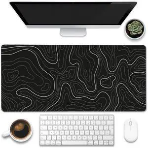 Eflxamz Desk Mat,Black Topographic Contour Map Desk Pad,Topographic Contour Large Gaming Mouse Pad for Desk,Extended Big Computer Keyboard Mouse Pad with Non-Slip Base and Stitched Edge,35.4"x15.7"