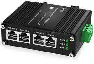 Htfoevrxs Industrial 2 Ports PoE Injector, Hardened Gigabit 30W PoE+ Injector IEEE802.3 at POE Adapter POE Midspan Max 60W Single Port Power Over Ethernet with 12-48V DC Input DIN Rail Mount
