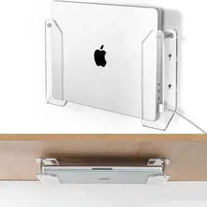 Haohaio Laptop Wall Mount Holder, Space-Saving Under Desk Laptop Mount with Cable Slots, Supports 1.26" Thick Devices, Compatible with iPad/MacBooks/Surface (Clear)