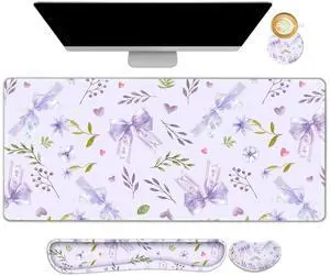 ARTSO Desk Mat with Wrist Rest, Light Purple Bows Flower Desk Pad Large for Keyboard and Mouse, Ergonomic Mouse Pad Sets for Women, Non-Slip Wrist Pad for Keyboard