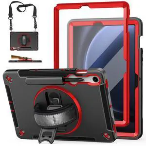 Case for Galaxy Tab S10 Lite &S10 FE S9 FE 10.9"/S9 11 Inch: TPU Cover for Samstng Tablet S10 FE/ 2025/ S9 FE & S9 2023 5G with Screen Protector- Stand- Handle-Shoulder Strap-S-Pen Holder-Red+Black
