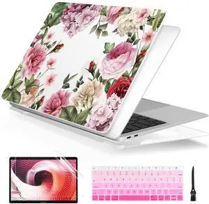 Batianda for MacBook Air 13 Inch Case 2020 2019 2018 A2337 A2179 A1932, Printing Clear Hard Shell Cover with Keyboard Cover & Screen Protector for New MacBook Air 13 Retina & Touch ID (Flower-White)