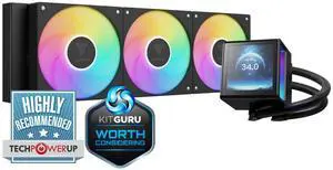 GAMDIAS CHIONE P5-360 Liquid CPU Cooler, 360mm AIO w/Customizable 3.4'' IPS LCD, Rotatable Magnetic Pump, Hidden Cable Fan (Daisy-Chained), Support PWM & ARGB MB Sync, Intel LGA 1851AMD AM5, Black