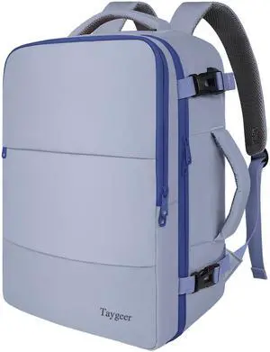 Taygeer Large Travel Backpack for Men Women, 35L Carry On Backpack Airline Approved, Personal Item Travel Bag with USB Charging Port & Shoe Compartment, Laptop Backpack for Gym Hiking, Gray Blue