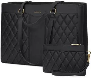 RAINSMORE Laptop Bag for Women 15.6 Inch Work Tote Bags Leather Laptop Tote Professional Laptop Purse Computer Handbag Womens Briefcase Tote with Clutch for Teacher Office Travel, Black