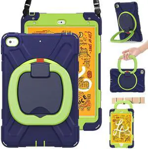 BRAECN Case for Kids iPad mini 5 Case-Drop/Shock Proof, Full Body Bumper Silicone Case with Pencil Holder, Hand Grip, Stable Kickstand, Shoulder Strap for iPad mini 5/4 2019/2015 7.9 Inch, Navy+Green