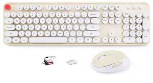 HotFox Wireless Keyboard and Mouse Combo, Full-Size Retro Typewriter Keyboard with Round Keycaps, Ergonomic Design for Windows PC, Home and Office Use - Cream