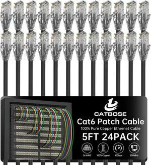 5 Feet Cat6 Patch Cables(24 Pack), Solid Pure Copper Patch Cord, Cat 6 Ethernet Cable, UTP Network, High Speed RJ45 Internet Cables, Compatible for Router, Switche, PC, Server, PS4/5, Xbox - Black 5 Feet Cat6 Patch Cables(24 Pack), Solid Pure Copper Patch Cord, Cat 6 Ethernet Cable, UTP Network, High Speed RJ45 Internet Cables, Compatible for Router, Switche, PC, Server, PS4/5, Xbox - Black