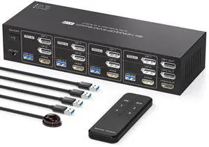 PVBCTCSID 8K 2 Displayport HDMI KVM Switch 4 Computers 3 Monitors 4K144Hz for 4 PC Sharing Triple Monitor and 4 USB 3.0 Port Support Extended Copy Mode with ControllerNot Supporting EDID