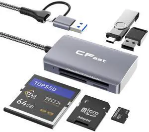 CFast Card Reader, 5 in 2 CFast 2.0 SD/TF Memory Card Reader, 5Gbps PD/USB 3.2 Gen 1 Adapter with USB C/USB A Cable Compatible with Windows/Mac/Linux/Android (5 in 2)