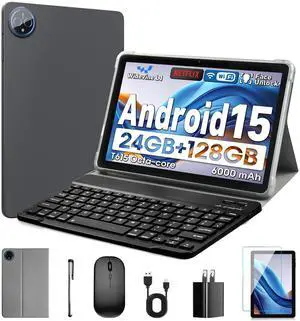 Aobante 10 Inch Tablet, Android 15 with 24GB RAM + 128GB ROM (1TB Expandable), Octa-Core, 1280x800 IPS HD Touchscreen, 5MP+8MP Dual Camera, 6000mAh, Tablet with Keyboard, Mouse, Widevine L1(Gray)