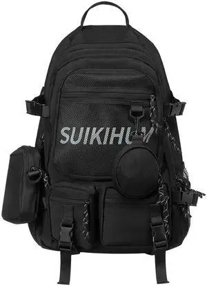 SUIKIHUM Laptop Backpack 13 Inch College Schoolbag W/2 Hanging Pockets, Large Capacity Korean Style Backpack for Man Girls, Black