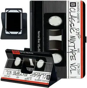 Rossy Universal 10.0 Tablet Case, Universal Case for 9.6-10.5 Inch Android Tablet, Slim PU Leather Stand Folio Shell Cover with 360 Degree Rotatable Kickstand Multiple Viewing,Retro Audio Cassette