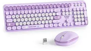 Mosptnspg Girly Keyboard and Mouse Wireless, 2.4GHz Full-Size Cute Purple Keyboard Mouse Set with Retro Typewriter Round Keys for Windows, Computer, Laptops, PC (Dot Purple)
