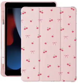 Cute Kawaii Cherry Bow for iPad 7th/8th/9th Generation Case with Pencil Holder, Auto Sleep/Wake, Pink Leather Soft TPU Back Cover for iPad 10.2 Inch 2019/2020/2021