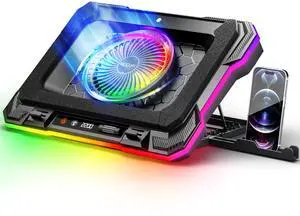 MOOJAY Laptop Cooling Pad Powerful Turbo Fan RGB Gaming Notebook Cooler, Laptop Fan Cooling Stand with 8 Adjustable Heights and Phone Holder, for 14-19 Inch Laptops - Colored LED Light