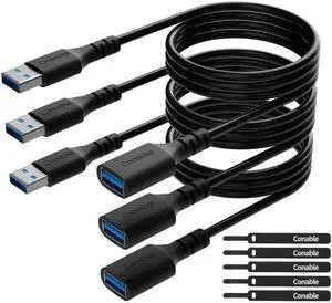 3 Pack USB 3.0 Extension Cable 15 Feet, USB A Male to Female Extender Cord, 5Gbps Data Transfer for Webcam, Printer, Keyboard, Mouse, Flash Drive, Hard Drive, Controller, Black Cable with 5 Cable Ties