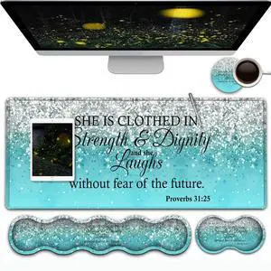 Gaming Mouse Pad,Large Mouse Pad with Stitched Edge,Non-Slip Base Office Desk Pad Ergonomic Keyboard Wrist Rest Set,Waterproof Writing Pad, Proverbs 3125 Bible Blue Glitter Extended Desk Mat