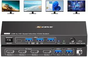 Quad Monitor KVM Switch 4 Monitors 2 Computers 1080P@60Hz,USB 3.0 KVM Switch Quad Monitor for 2 PC Share 4 Monitors and 4 USB Device,with Wired Remote and 2 USB Cables,Driver Installation is Required