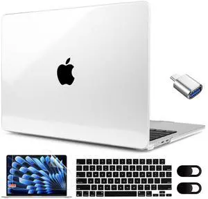 MEEgoodo Clear Case for M4/M3/M2 MacBook Air 15 inch 2025 2024 2023(Fit Model A3241/A3114/A2941), Laptop Hard Shell with Keyboard & Camera Cover & OTG Adapter for MacBook Air 15.3", Glossy Transparent