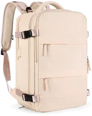 Farmer&Donkey Travel Backpack for Women Men, Waterproof Airlines Approved Carry On Backpack 15.6 Inch Laptop Backpack with USB Charging Port for Computer Bookbag for Business, School, Work(Beige)
