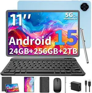 Android 15 Tablet, 2025 Upgraded 11 inch Android Tablets with Keyboard, 24GB+256GB+2TB Expand, Support Face Unlock+18W Fast Charging, Octa-Core CPU,Dual WiFi6, Dual Camera,8000mAh Battery, Silver