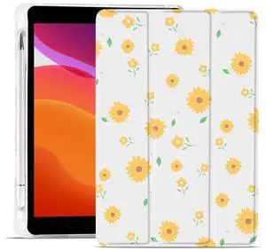 MAYCARI Aesthetic Little Daisy Case for iPad 9.7 inch 2017/2018 with Pencil Holder, Cute iPad 5th/6th Generation Protective Case with Soft TPU Back, Auto Sleep/Wake Cover Slim Shell for Girls Women