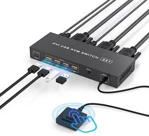 DVI KVM Switch 1 Monitor 2 Computers 4K@60Hz,KVM Switches for Dual Computer Share Monitor Keyboard Mouse Printer Hard Drives, with EDID Adaptive, 2USB Cable Desktop Controller