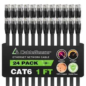 Cat 6 Ethernet Cable 1ft (24 Pack) (at a Cat5e Price but Higher Bandwidth) Flat Internet Network Cables - Cat6 Ethernet Patch Cable Short - Black Computer LAN Cable with Snagless RJ45 Connectors