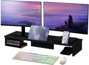 Dual Monitor Stand Riser with Phone Tablet Holder, 35.8in Large Monitor Stand for Desk, Computer Monitor Stand for 2 Monitors, Desk Shelf for Top of Desk, Desktop Organizer for Laptop, Printer, TV
