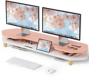 AFOOYO 2 Tier Dual Monitor Stand Riser,Wider Board Computer Monitor Stand for 2 Monitors,Slot For Phone/Tablet Office Desktop Organizer for Laptop,PC,Computer,Printer,Pink