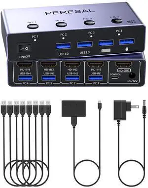 8K@60Hz HDMI KVM Switch 4 Computers Share One Monitor with 4 USB 3.0 Ports Aluminum KVM Switches, Share Keyboard Mouse Hard Drives Printer with 4 HDMI Cables, 4 USB Cables and Desktop Controller