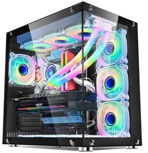 ATX/Micro-ATX PC Case, 7 RGB Fans Pre-Installed, 360MM RAD Support, 270° Full View Tempered Glass Mid-Tower Computer Chassis, 360MM RAD Support, USB 3.0 x 1, Black
