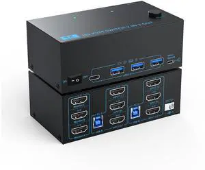 8K KVM Switch 3 Monitors 2 Computers 3 Port HDMI Dual PC Triple Monitor 2 PC 8K@60Hz/4K@120Hz 2 in 3 Out USB 3.0 KVM Switches, Wired Remote & USB 3.0 Cables & Power Cable Included