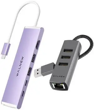 WALNEW 7-in-1 USB C Hub& 4-in-1 USB 3.0 Ethernet Hub Bundle