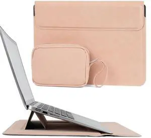 Allinside 13-14 Inch Laptop Sleeve Case for MacBook Pro 14" 2021-2024/MacBook Air 13" 2010-2017/MacBook Pro 13" 2010-2015, Waterproof PU Leather Sleeve Cover with Stand & Accessory Pouch, Pale Pink
