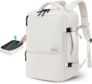 Dinictis Vacuum Seal Travel Backpack 60L Built-in Pump, Expandable Backpack with Vacuum Compression fits 17 inch Laptop, Waterproof Carry On Suitcase Luggage suit for Short Trip and Business-Beige