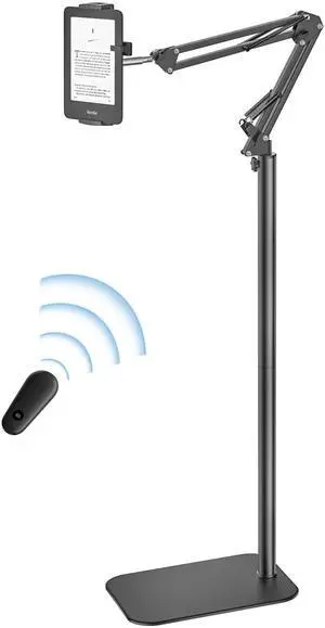 Kindle Floor Stand Holder with Remote Page Turner for Reading in Bed, Adjustable Tablet Mount with Clicker, Kindle Accessories Tablet Stand Holder for Kindles Tablets iPhones 4.7-12.9 inch(Black)