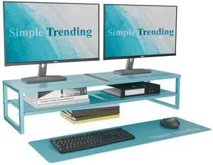 Simple Trending 2 Tier Metal Dual Monitor Stand Riser, Computer Office Desktop Organizer for 2 Monitors with 32"x10" Mouse Pad for Laptop, Printer, TV, Blue