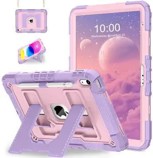 WESOROL Case for iPad A16 11th/10th Generation 2025/2022 with Pencil Holder Shoulder Strap iPad Case 10th Generation Shockproof Cover for iPad 11th/10th Gen Cases Kids,Purple Rose